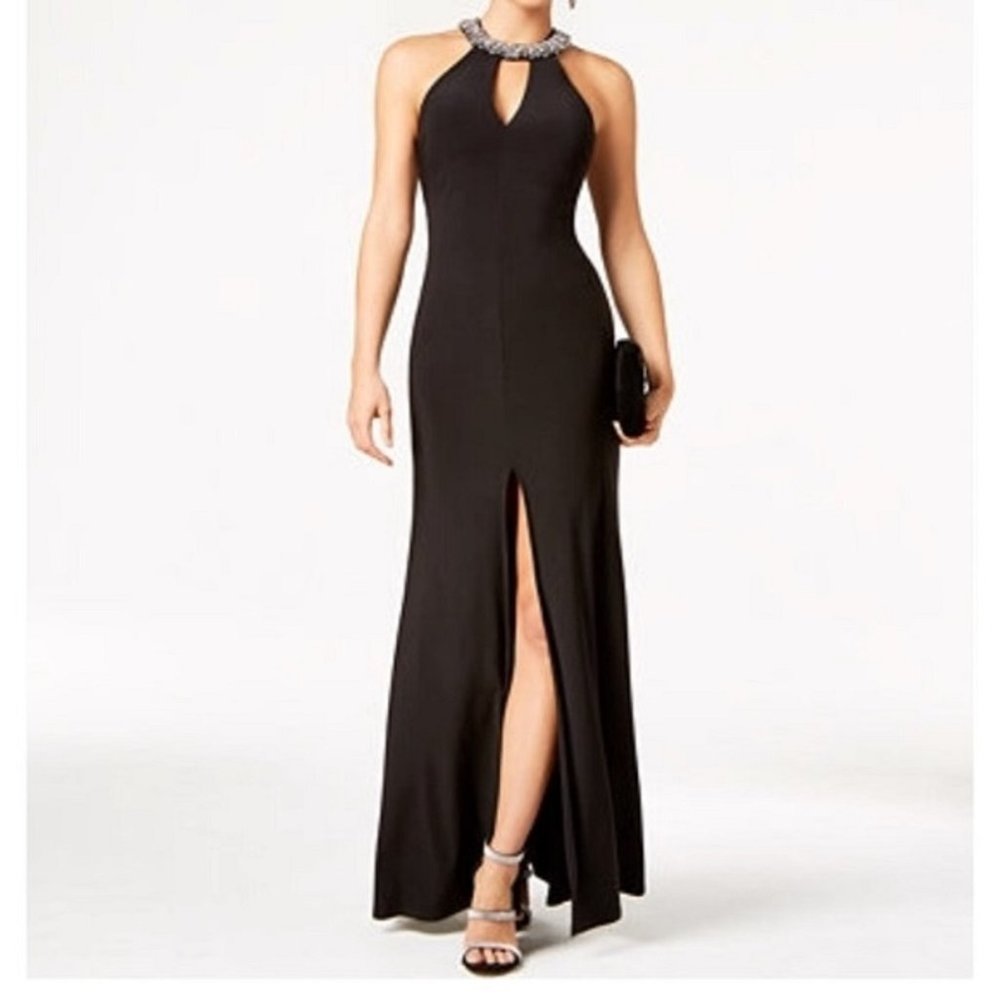 B.Darlin Long Black Evening Dress With Rhinestone Collar,Size 7/8